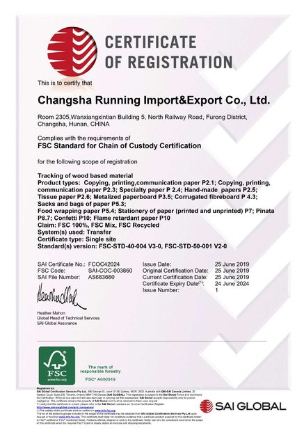 Chine Changsha Running Import &amp; Export Co., Ltd. certifications